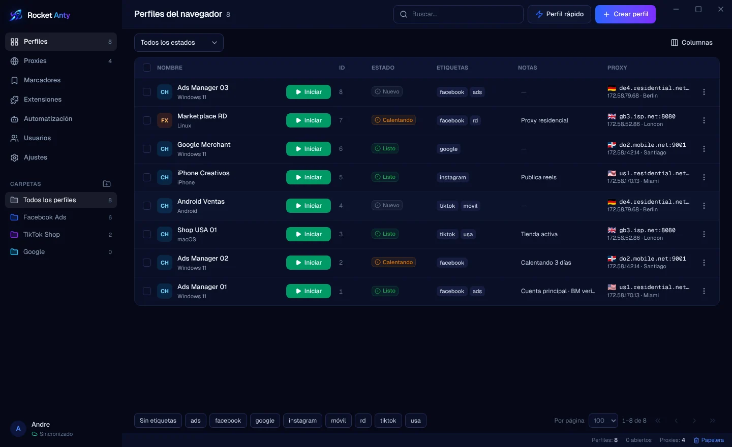 La lista de perfiles de Rocket Anty con etiquetas, estados y proxies de varios países